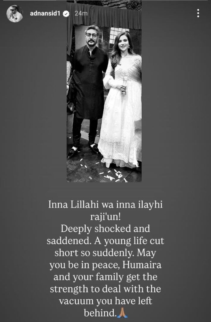 Actor Adnan Siddiquis message on actor Humaira Asghar Alis death — Instagram/@adnansid1