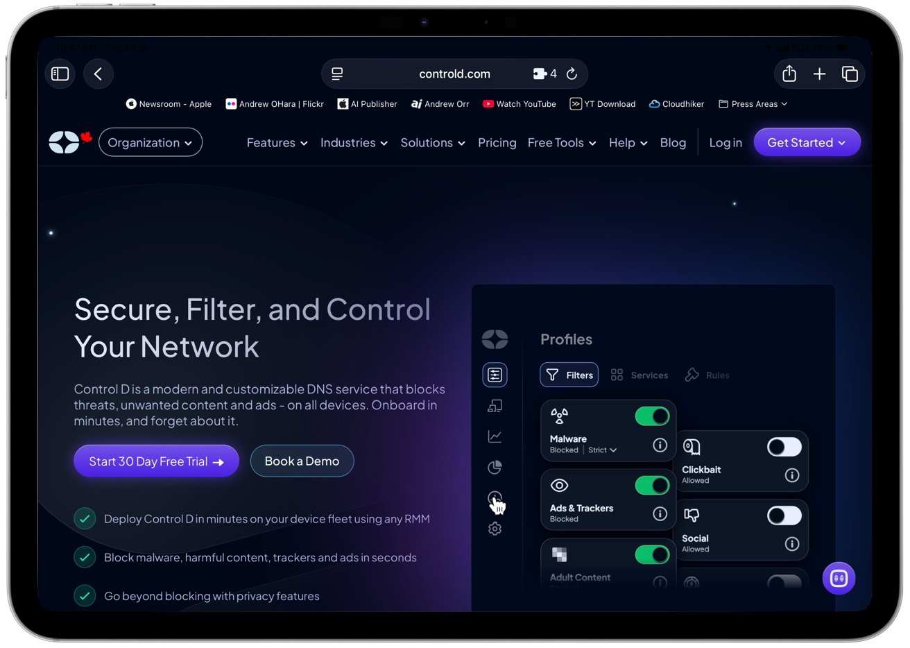 Tablet screen displaying a website for a customizable DNS service with features to secure, filter, and control networks. Includes buttons for a free trial and demo.