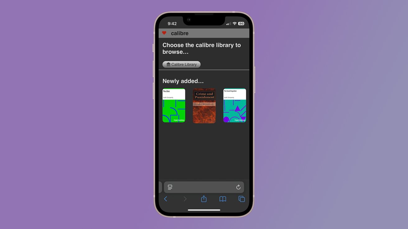 Smartphone screen displaying Calibre app with a library selection, showing three book covers labeled 'Newly added' on a purple background.