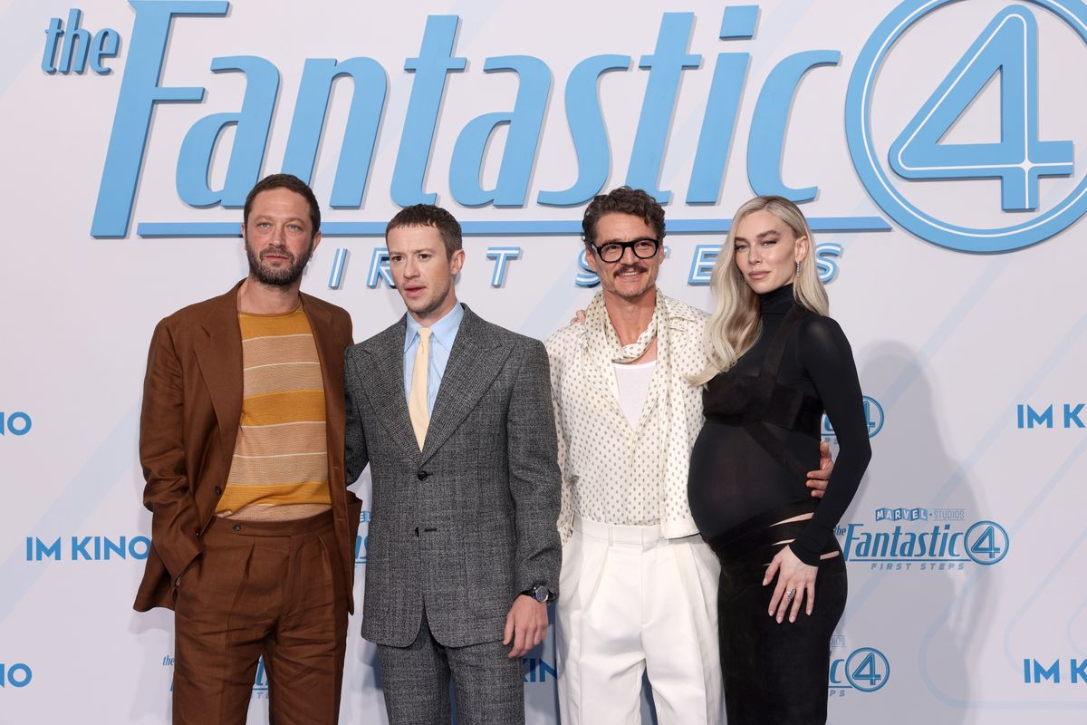 Ebon Moss-Bachrach, Joseph Quinn, Pedro Pascal and Vanessa Kirby attend the "The Fantastic Four: First Steps" blue carpet fan event at Das Center on July 08, 2025 in Berlin, Germany. 