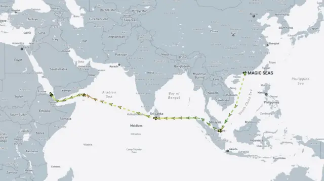 MarineTrafffic shows the movements of the bulk carrier Magic Seas before it was attacked