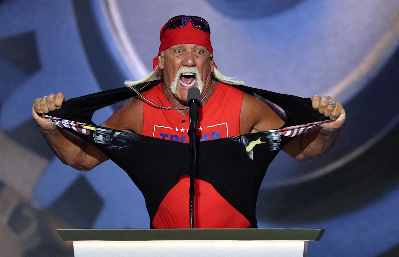 Hulk Hogan, professional entertainer and wrestler, tears his shirt open as he speaks on Day 4 of the Republican National Convention (RNC), at the Fiserv Forum in Milwaukee, Wisconsin, US, 18 July 2024. (PHOTO: REUTERS/Mike Segar TPX IMAGES OF THE DAY/File Photo)