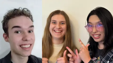 BAFTA A collage of Luke Rayfield, Isabelle Taylor and Emily Sun. They are all smiling for the camera.
