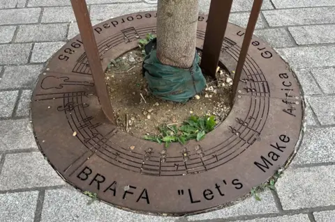 Brown metal surround which has been placed around a tree with the words Brafa and Let's Make Africa Green Again carved into it along with musical notes