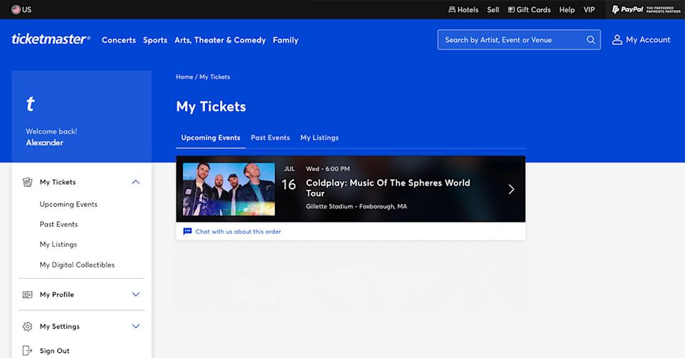A dashboard showing My Tickets on the Ticketmaster website