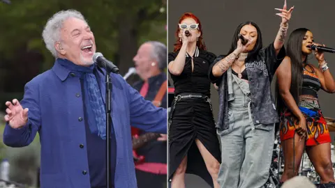 BBC/PA A composite image of Sir Tom Jones and Sugababes, both singing on stage.