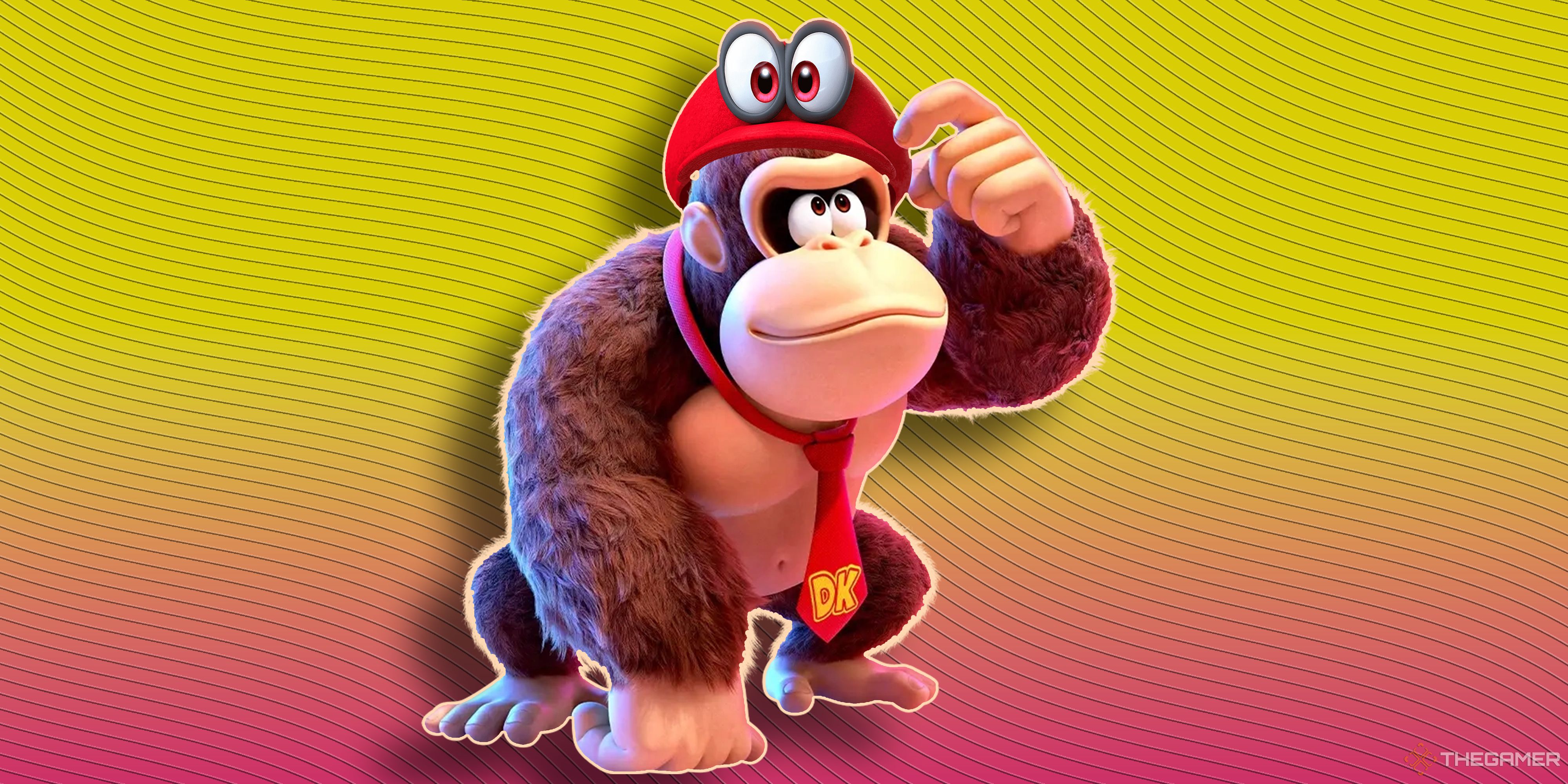 Doneky Kong, in the new Bananza art style, wears Cappy from Super Mario Odyssey.