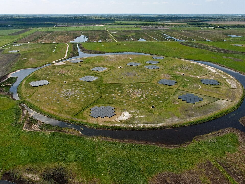 The LOFAR 'superterp'. This is part of the core of the extended telescope located near Exloo, Netherlands (Credit : LOFAR / ASTRON)