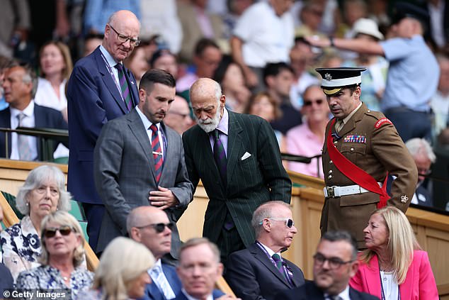 Prince Michael of Kent arrived in the Royal Box prior to the Gentlemen's Singles second round match between Daniel Evans of Great Britain and Novak Djokovic