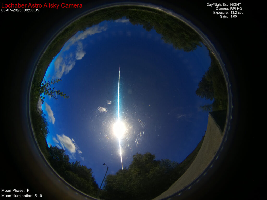 Figure 5- The July 2nd, 2025, 23h 50min UT fireball captured by Martin C., from Onich (GB, report #3666ee-2025), with Lochaber Astro Allsky Camera. Credit: Martin C.