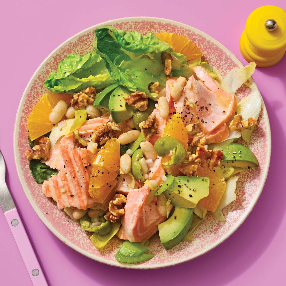 salmon with avocado and salad