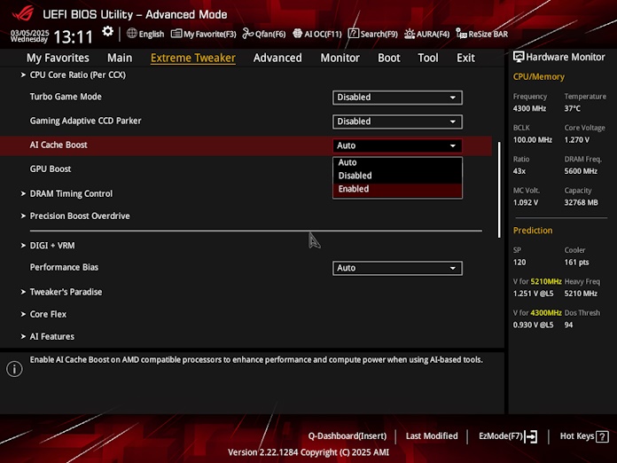 A screenshot of the AI Cache Boost dropdown menu in BIOS
