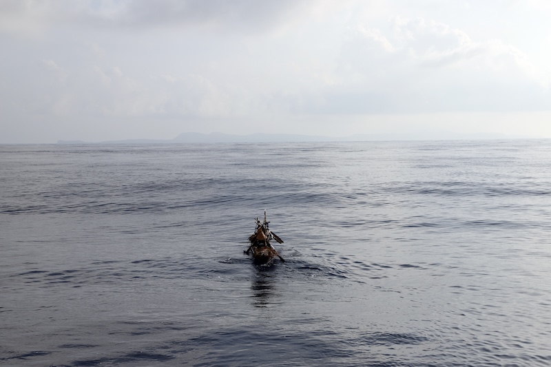 A canoe in open grayish blue water with an island in the background. 