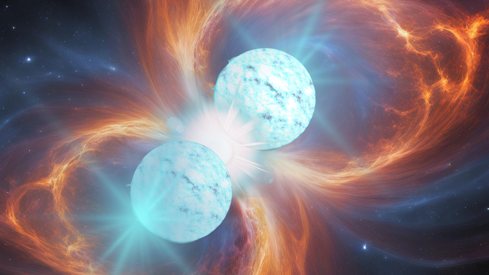 An illustration shows two wide orbs colliding and merging