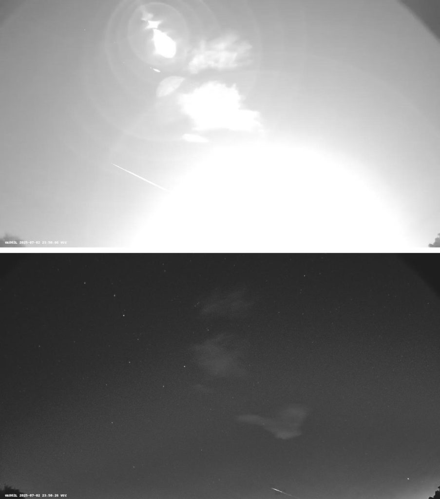 Figure 2- Comparison obetween two images recorded by UK002L camera of UKMON video network during the fireball (at 23h 50min 06sec UT, top image) and after it (at 23h 50min 26sec UT, down image) where the persistent train is still visible! Credit: UKMON, GMN, Jamie Shepherd