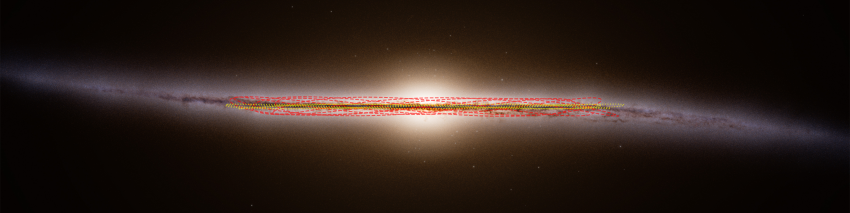 A side-view simulation of our Milky Way Galaxy, showing the orbit of 3I/ATLAS (in red) versus our Sun. Credit. M. Hopkins/Ōtautahi-Oxford team. Base map: ESA/Gaia/DPAC/Stefan Payne-Wardenaar. CC-BY-SA 4.0.