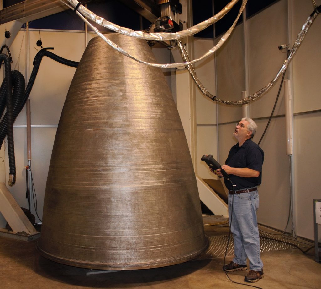 Full Scale RS25 Additive Nozzle Liner printed by DM3D Technologies. Photo via NASA