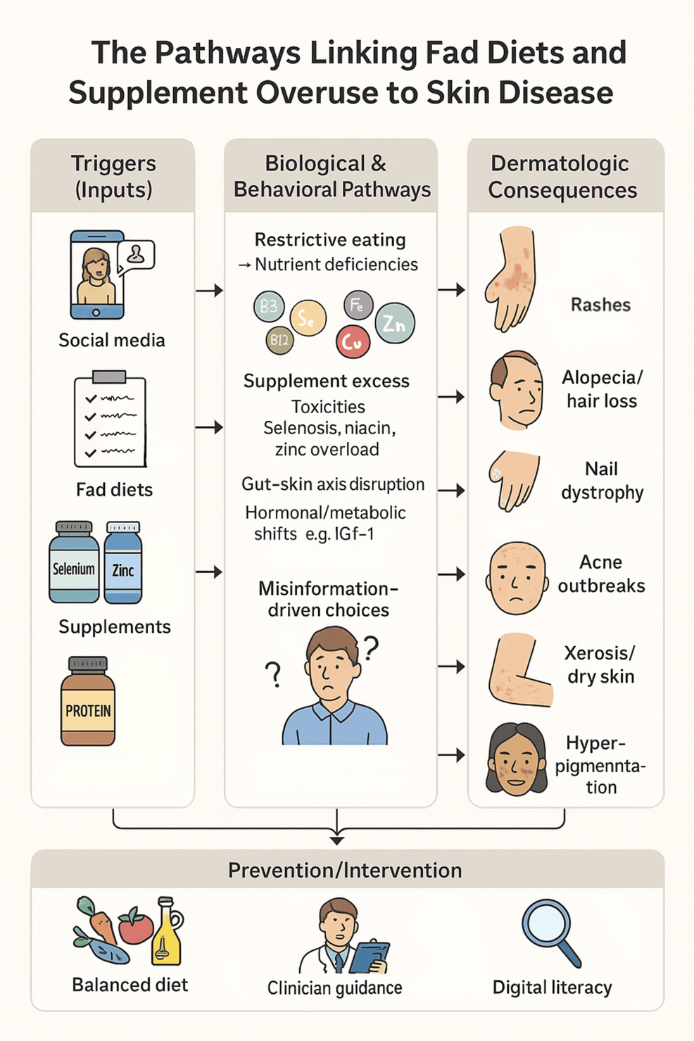 The Digital-to-Dermis Cascade: How Social Media Drives Diet-Related Skin Disease - The multi-factorial pathways linking fad diets, supplement overuse, and misinformation to dermatologic disease. Social media and online trends drive restrictive or excessive nutrition behaviors, resulting in deficiencies or toxicities that manifest with a range of cutaneous findings. Prevention centers on balanced diet, patient education, and critical appraisal of online health information. Figure rendered by the authors using Procreate (2025).