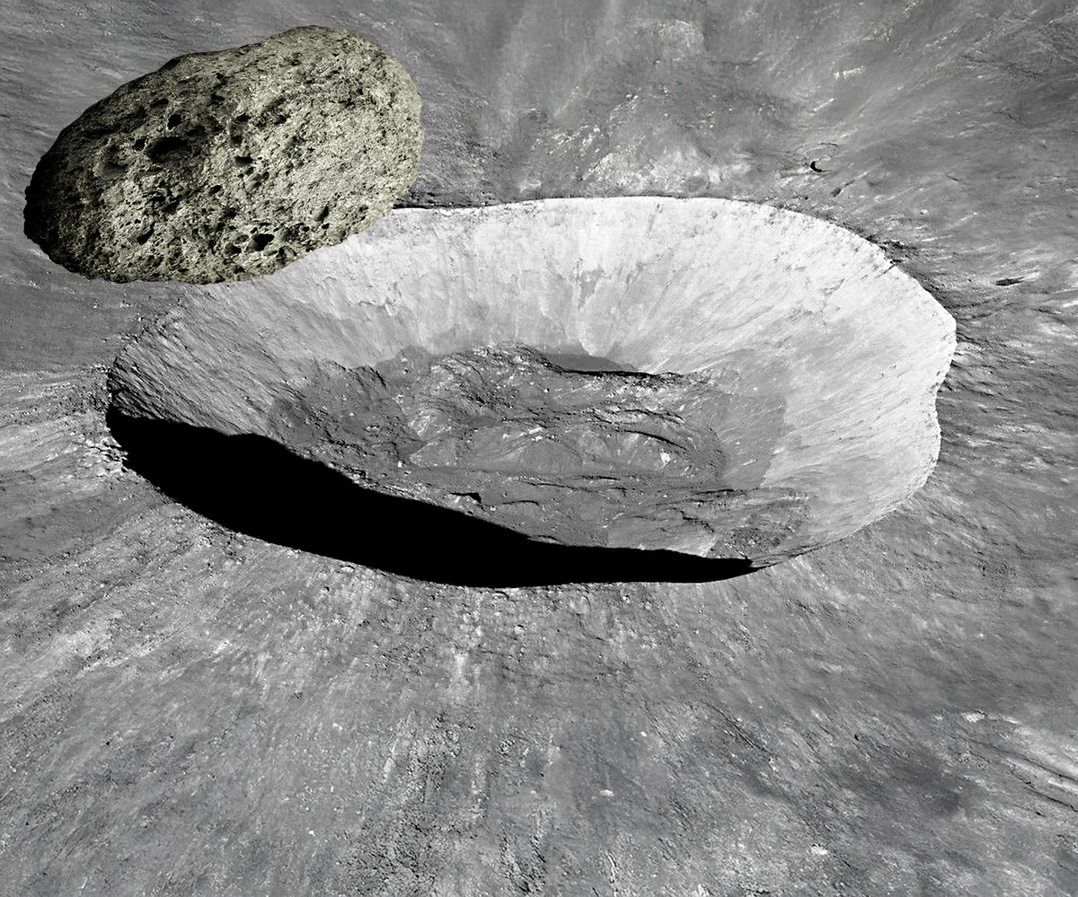 Composite image showing asteroid Kamo'oalewa – top left – which was likely blasted from the Giordano Bruno crater – main image – on the far side of the Moon. Credit:NASA/Goddard/Arizona State University, Vencavolrab/Getty