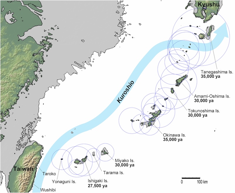 A map showing Taiwan and Japan's Ryuku Islands, with a blue curve going left to right showing the Kuroshio Current. 