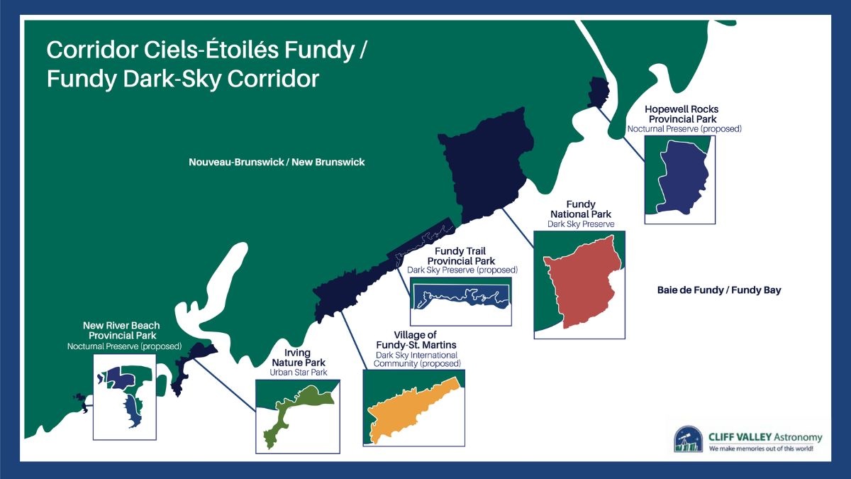 A map of New Brunswick showing areas for dark sky stargazing