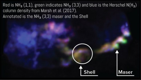 Bluish and pink clouds with a long tendril, a circle around an area labeled Shell and another spot labeled Maser.