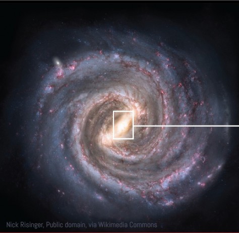 A round spiral galaxy with sweeping spiral arms and a rectangle drawn around the relatively small glowing center.