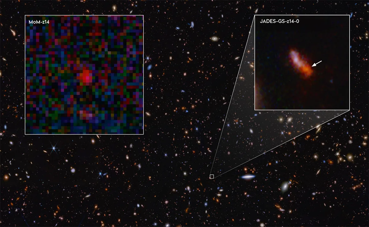 At a redshift of z = 14.44, MoM-z14 usurps the former record holder JADES-GS-z14-0. Credit: Rohan P. Naidu et al (2025)/NASA/JWST, NASA/ESA/CSA/STScI/Brant Robertson (UC Santa Cruz) Ben Johnson (CfA) Sandro Tacchella (Cambridge) Phill Cargile (CfA)