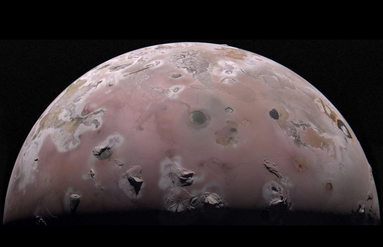 JunoCam captured this crisp image of Io's north polar region on December 30th, 2023. It shows mountain blocks rising nearly 10km above the terrain, lava flows, and a surface coloured by volcanic eruptions. Image Credit: Image data: NASA/JPL-Caltech/SwRI/MSSS. Image processing by Gerald Eichst