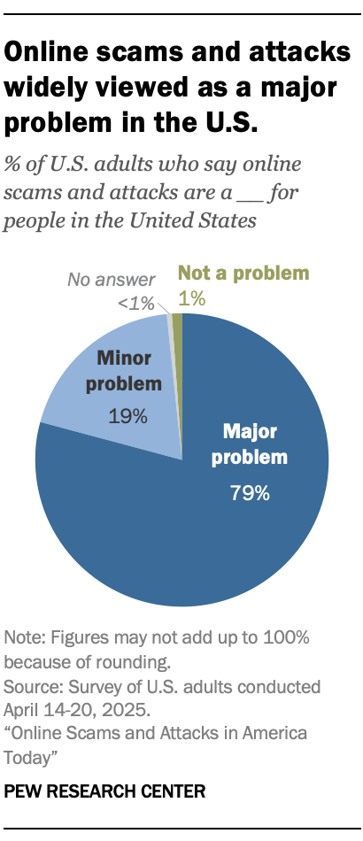 A pie chart showing that Online scams and attacks widely viewed as a major problem in the U.S.