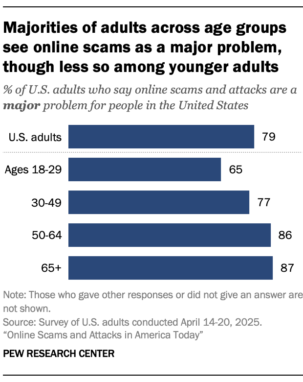 A bar chart showing that Majorities of adults across age groups see online scams as a major problem, though less so among younger adults