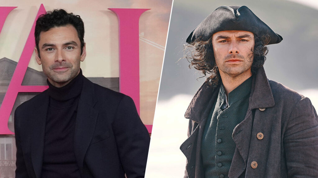 Paired image of actor Aidan Turner (left) with his character Ross Poldark from the 18th century drama, Poldark, on PBS MASTERPIECE.