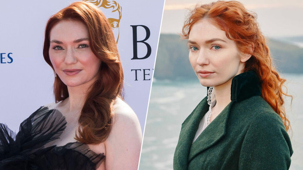 Paired image of actor Eleanor Tomlinson (left) with her character Demelza Poldark from the 18th century drama, Poldark, on PBS MASTERPIECE.