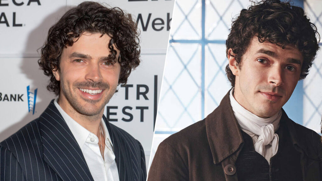 Paired image of actor Harry Richardson (left) with his character Drake Carne from the 18th century drama, Poldark, on PBS MASTERPIECE.