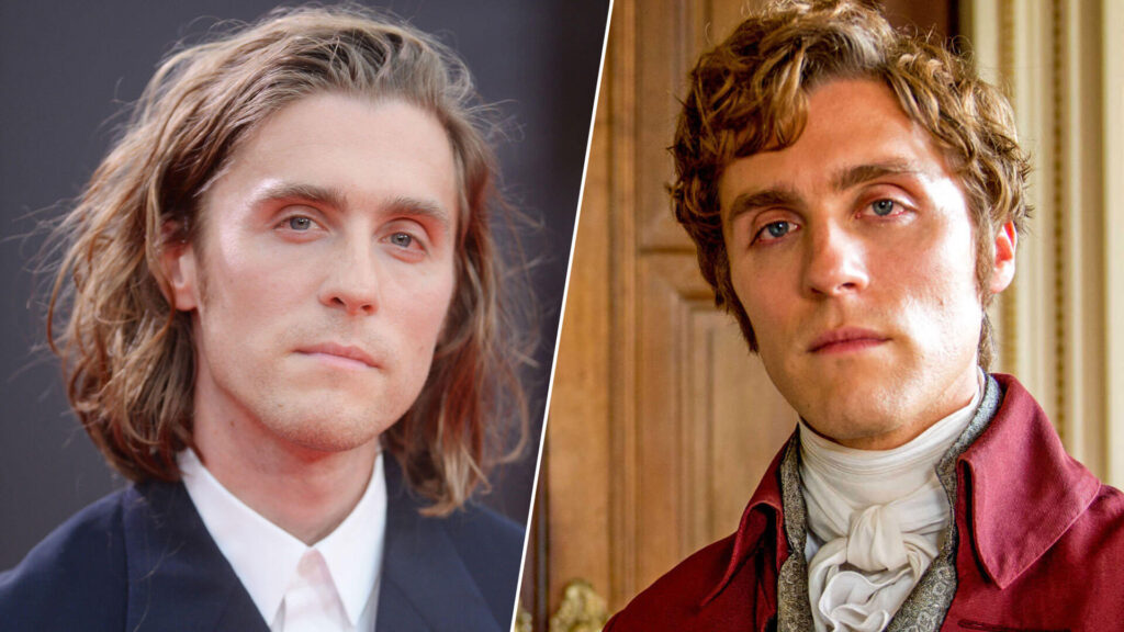 Paired image of actor Jack Farthing (left) with his character George Warleggan from Poldark on PBS MASTERPIECE.