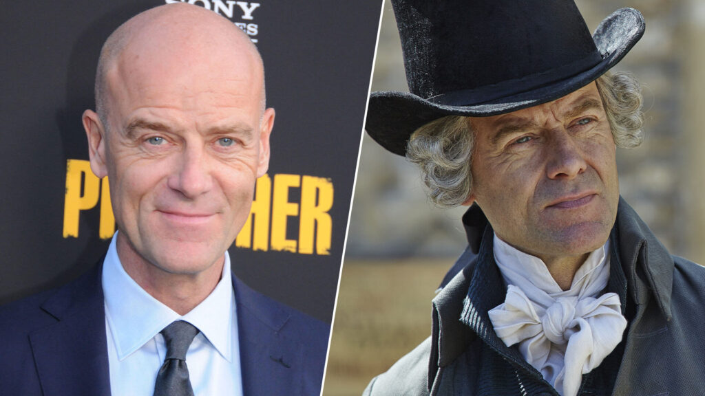 Paired image of actor Pip Torrens (left) with his character Uncle Cary Warleggan from the 18th century drama, Poldark, on PBS MASTERPIECE.