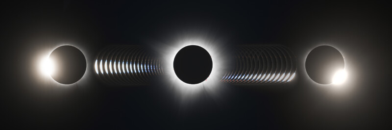 A composite image shows the stages of a solar eclipse, with the sun partially covered on the left and right, and the fully eclipsed sun, surrounded by its corona, at the center.