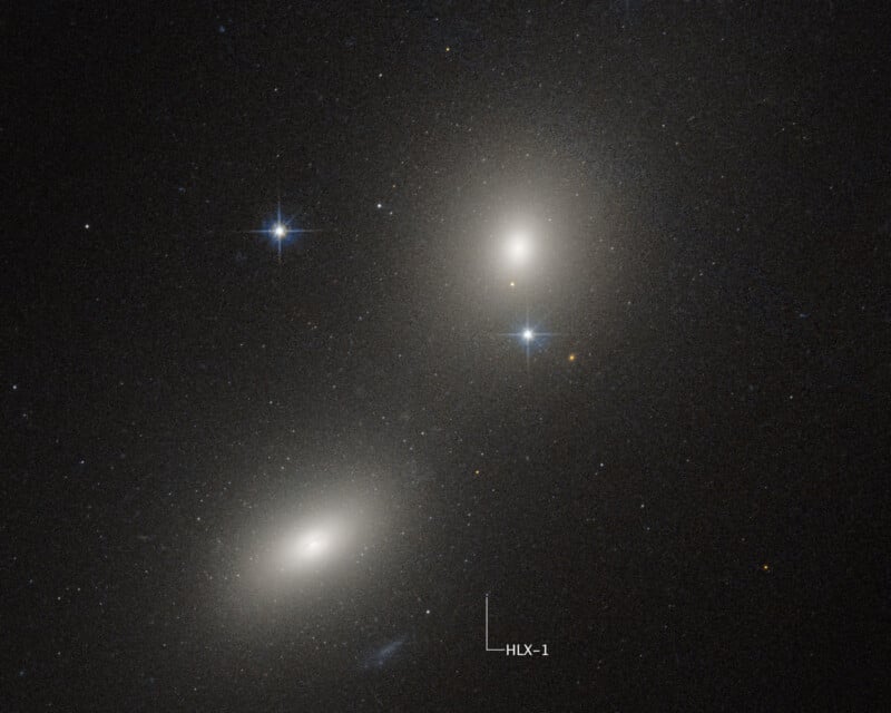 Two bright elliptical galaxies and several stars appear in a dark sky. A label points to a faint object marked "HLX-1" near the lower edge of the image.