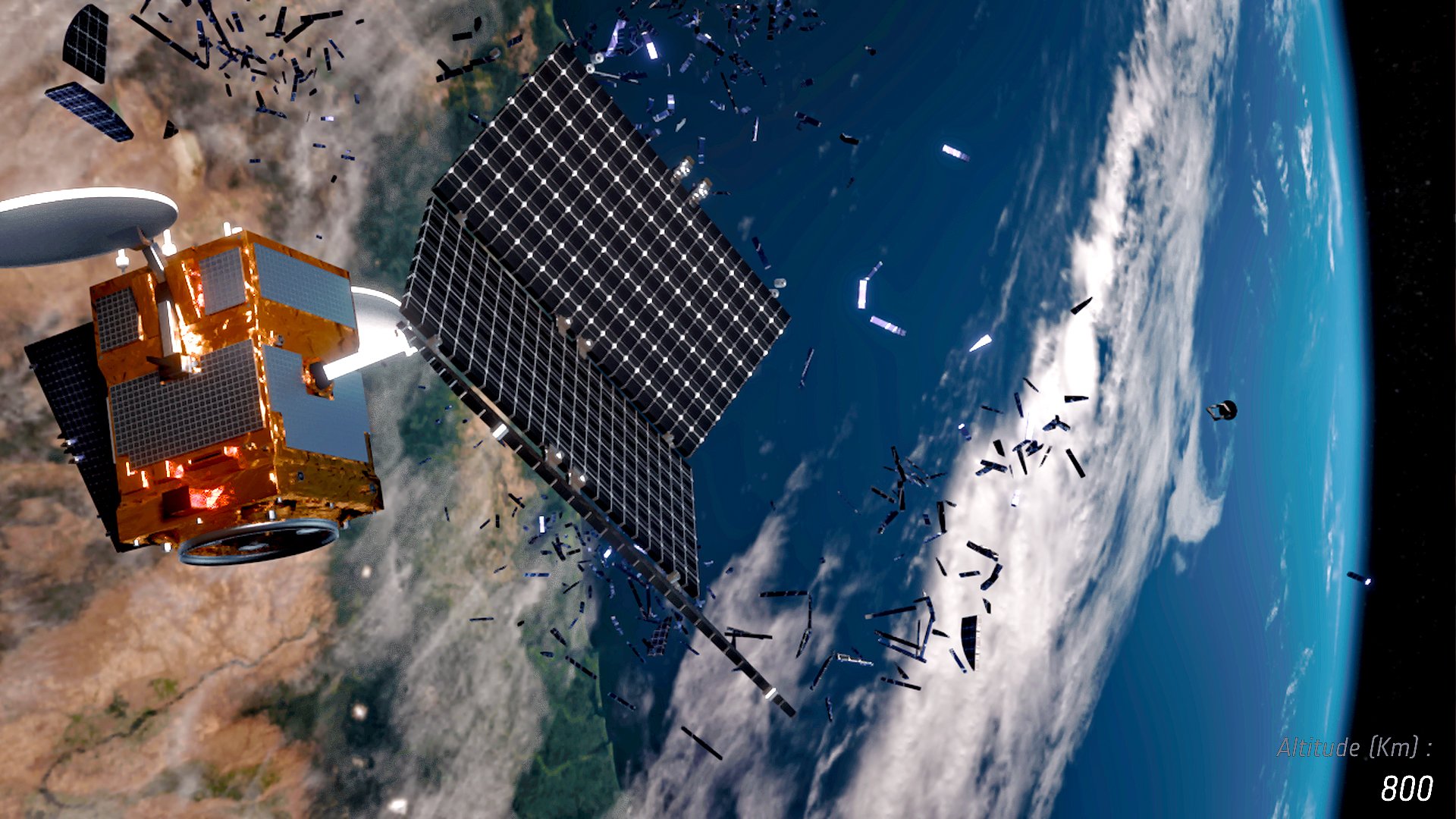Illustration of a satellite breaking up into multiple pieces at higher altitudes. (Credit : ESA)