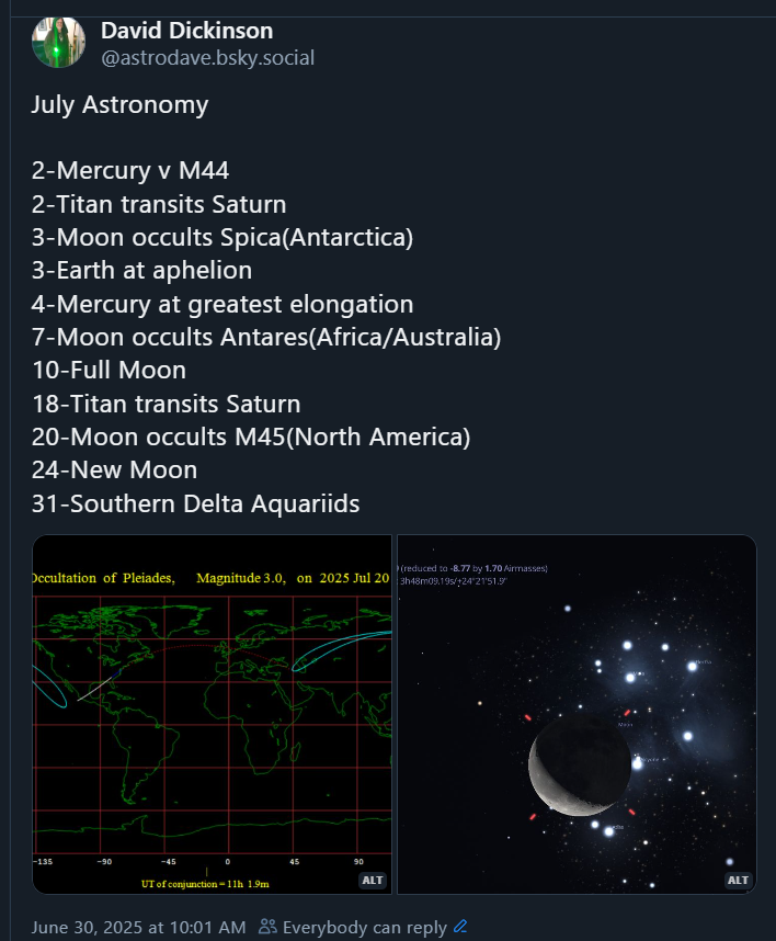 Top astronomy events for July 2025. Credit: Dave Dickinson (@AstroDave on Blue Sky).
