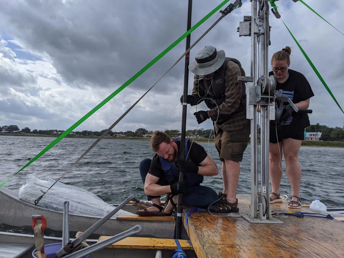 David Fastovich (left) led a study that used pollen data from lake sediment cores to track how tree populations respond to climate change. In the photo above, he is shown sampling a sediment core from Lake Tulane, Florida, alongside Jack Williams (center, University of Wisconsin–Madison) and Claire Rubbelke (right, Syracuse University). Credit: Syracuse University
