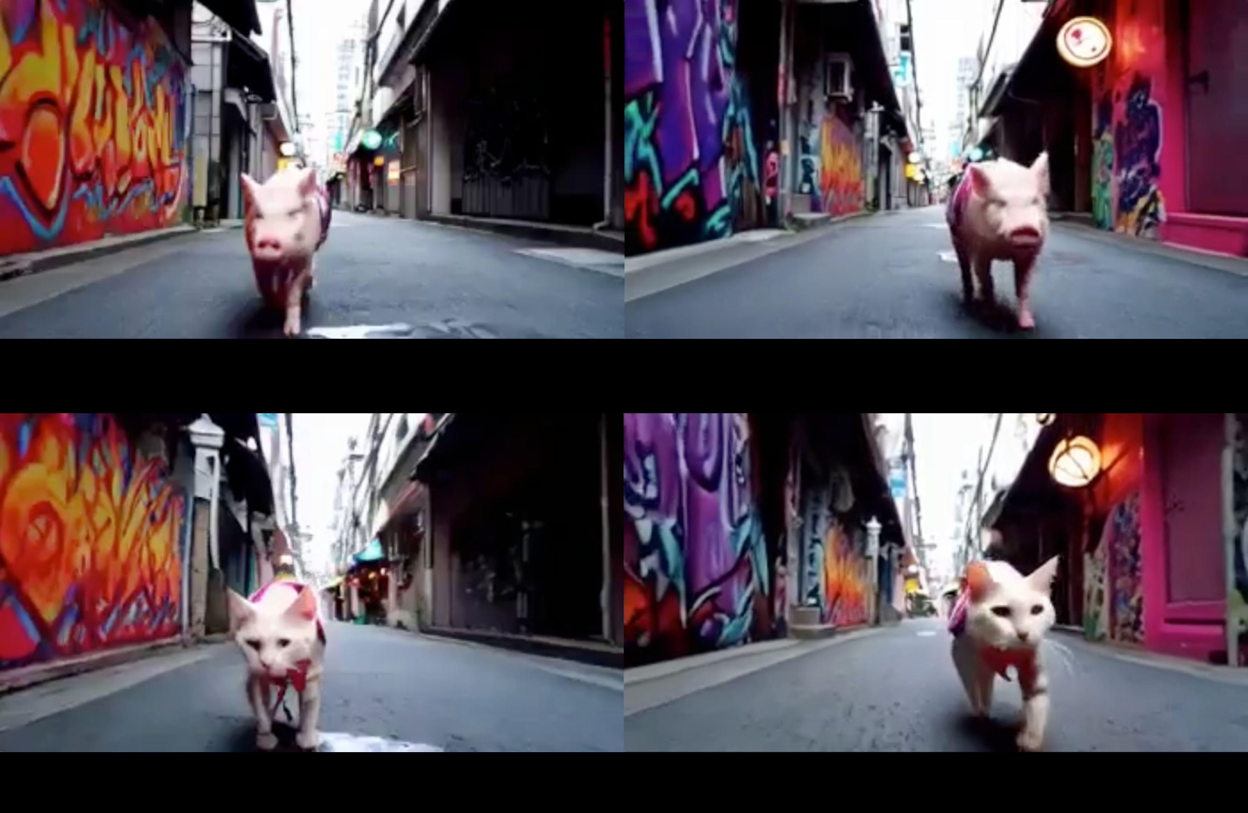 Four frames: input video of a running pig (top) and output frames transformed into a cat via prompt (bottom) in a graffiti alley.