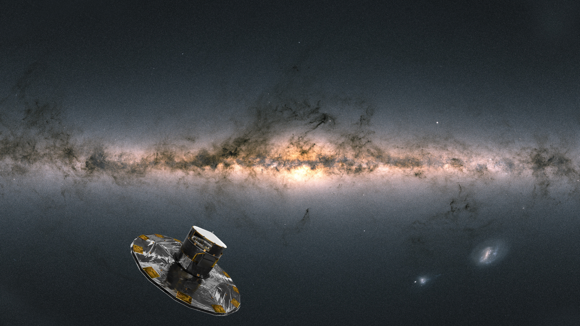 a cone-shaped spacecraft floats near a large bar of white gas and dust on a starry background