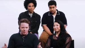 Brennan Lee Mulligan, Erika Ishii, Aabria Iyengar, and Lou Wilson all seated looking towards camera against a white background. Brennan and Erika slightly lower in the frame than Aabria and Lou.
