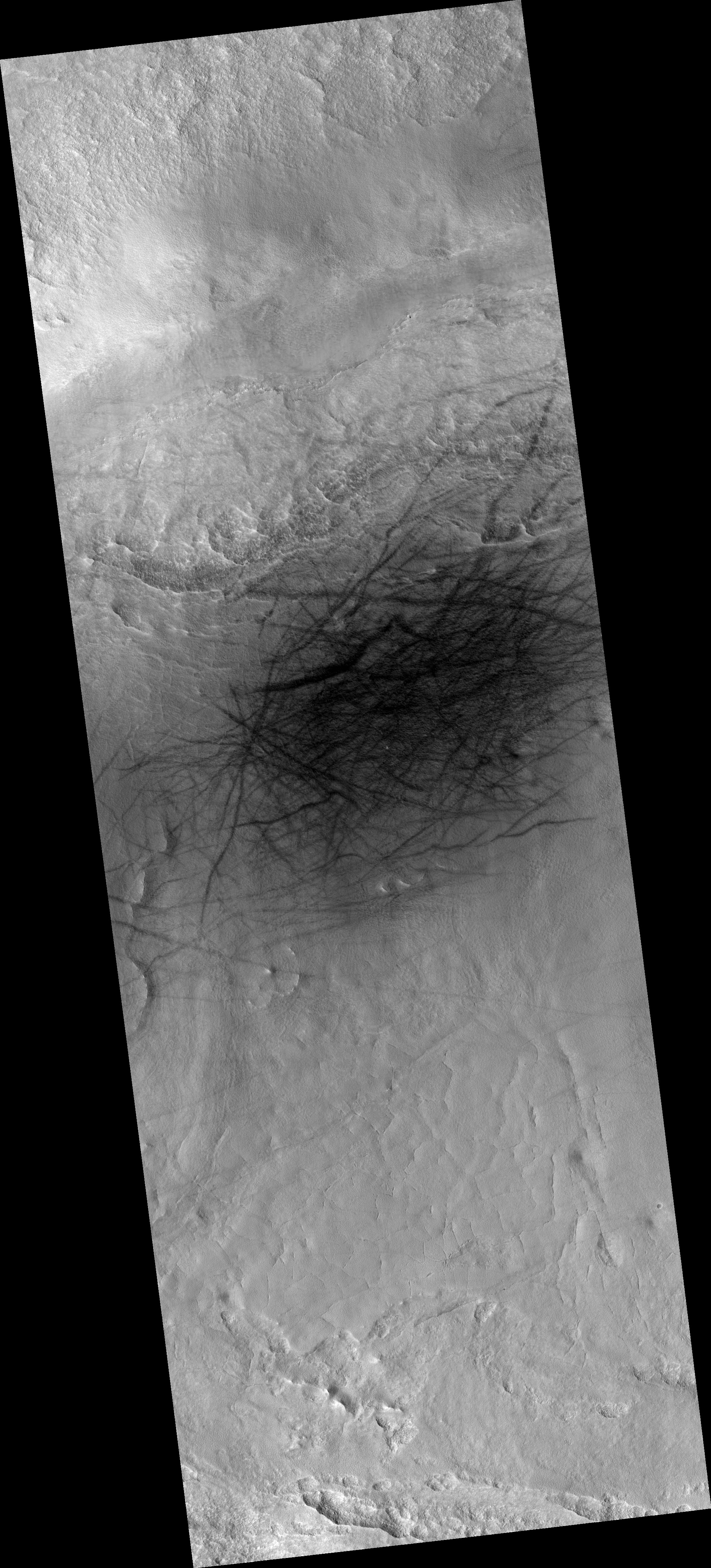 A black and white image of the surface of Mars with dark steaks across it.