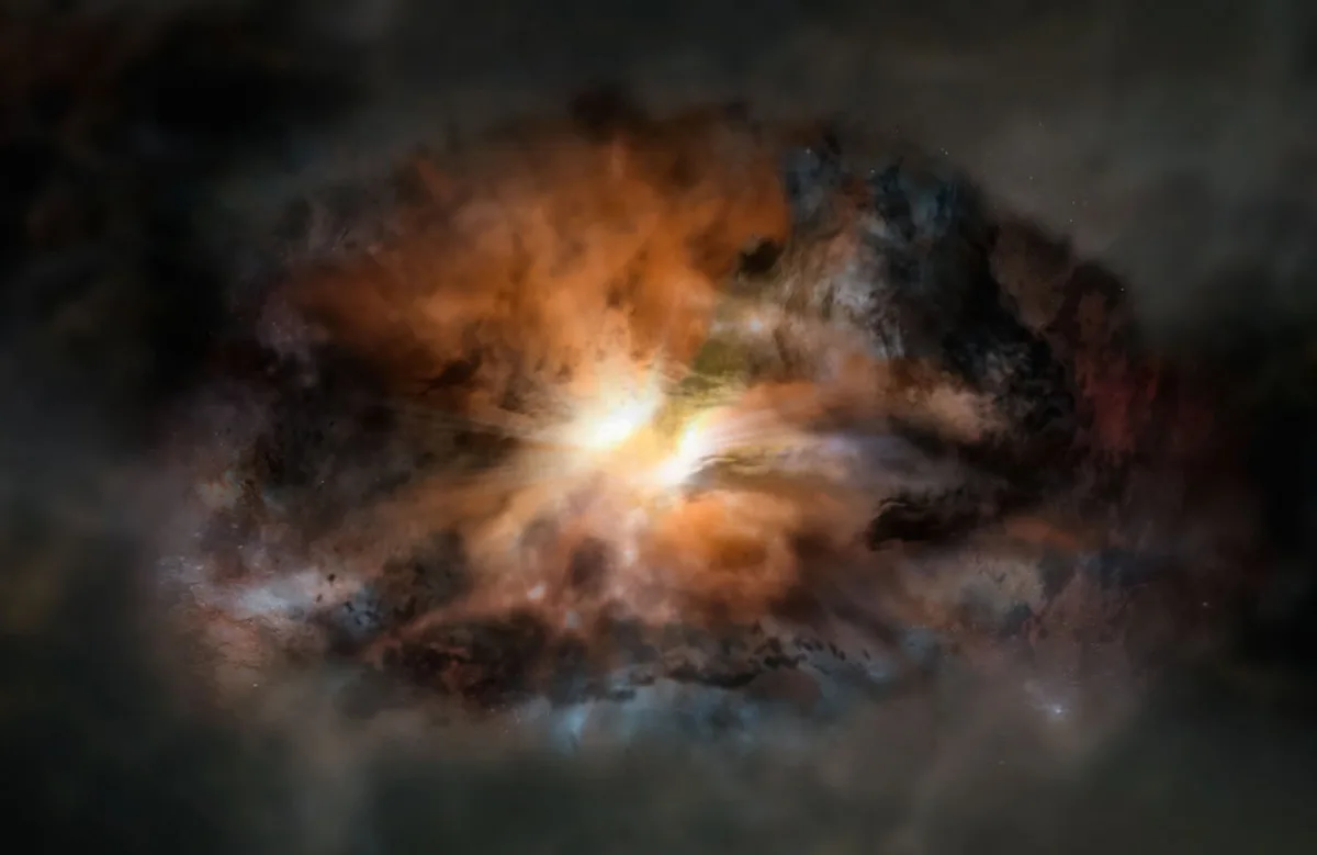 The 12.5-billion-lightyears-distant Hot DOG galaxy W2246-0526 has grown rapidly despite its youth. Credit: NRAO/AUI/NSF; Dana Berry / SkyWorks; ALMA (ESO/NAOJ/NRAO)