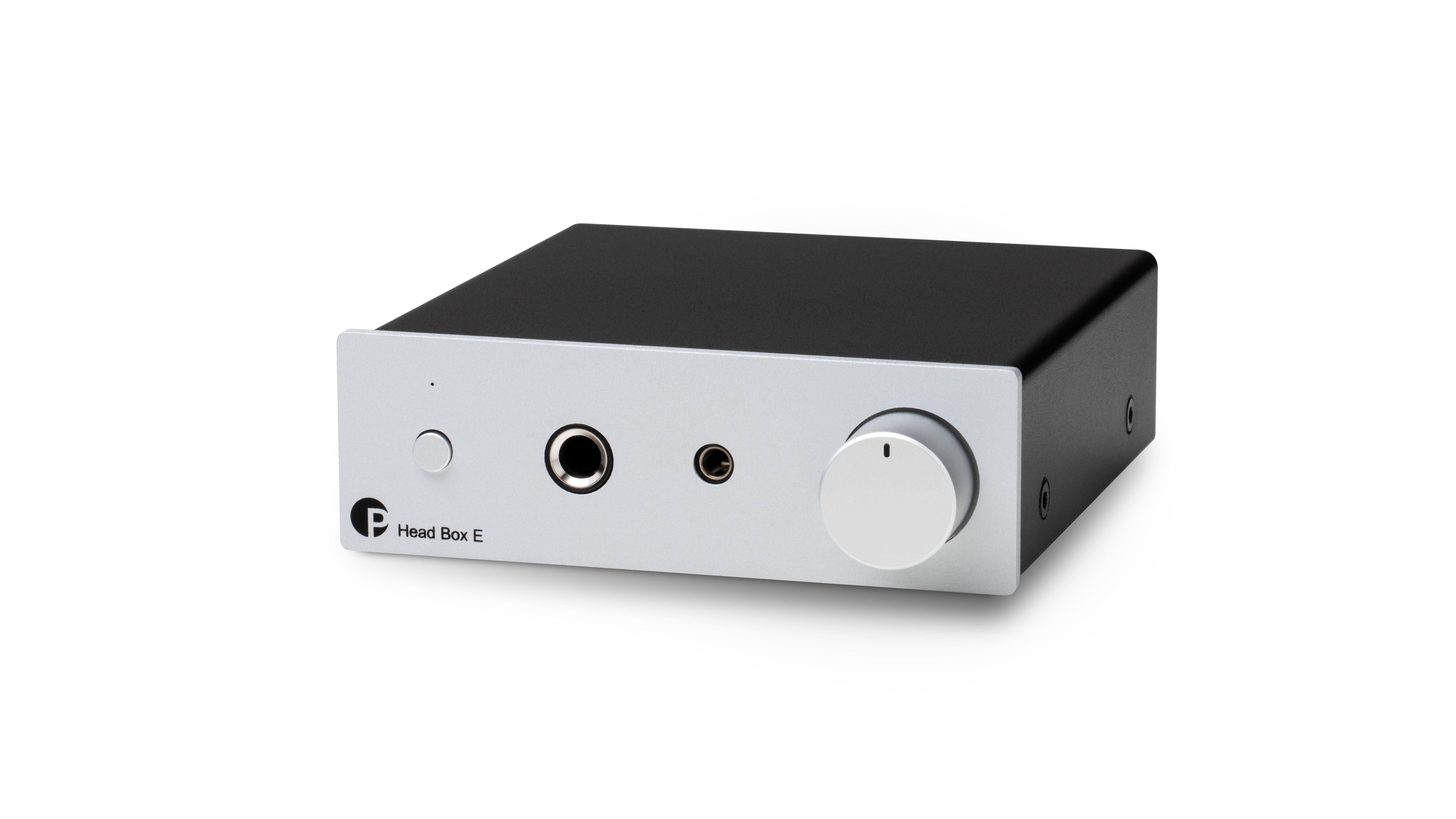 A Pro-Ject Head Box E headphone amplifier at a 3/4 angle on a white background.