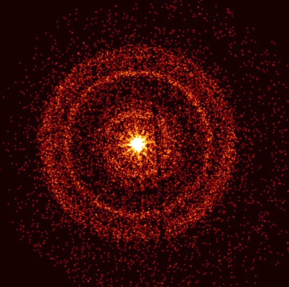 Swift captured the afterglow of GRB 221009A about an hour after it was first detected. The bright rings form as a result of X-rays scattered from otherwise unobservable dust layers within our galaxy that lie in the direction of the burst. (Credit : NASA/Swift)