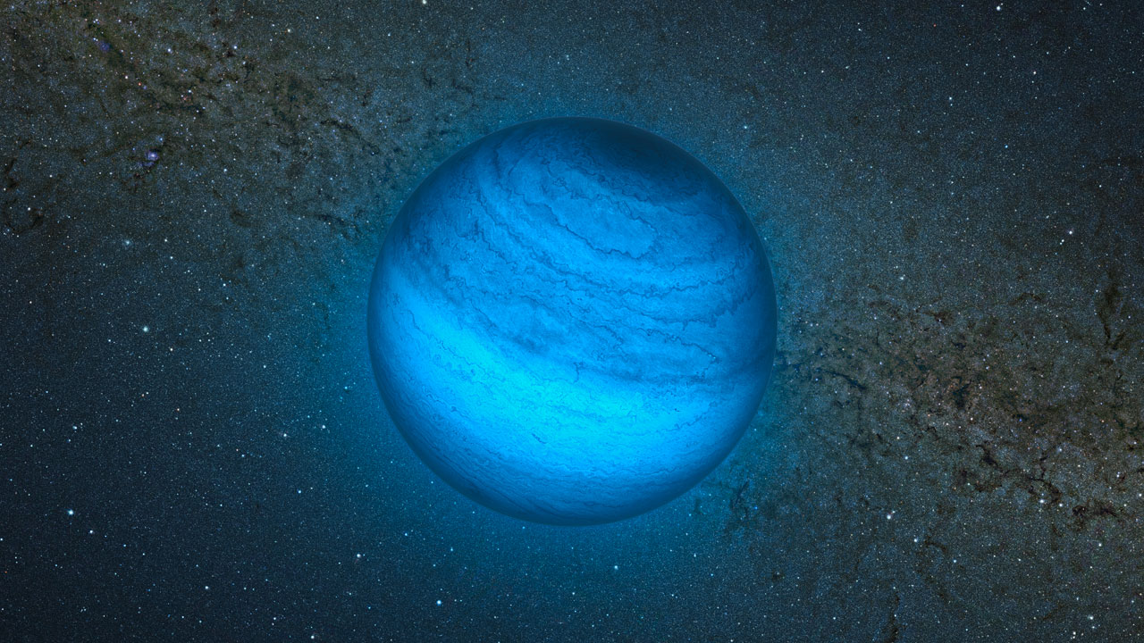This artist's impression shows the free-floating planet CFBDSIR2149. It looks like a hazy blue orb in space with some striations.