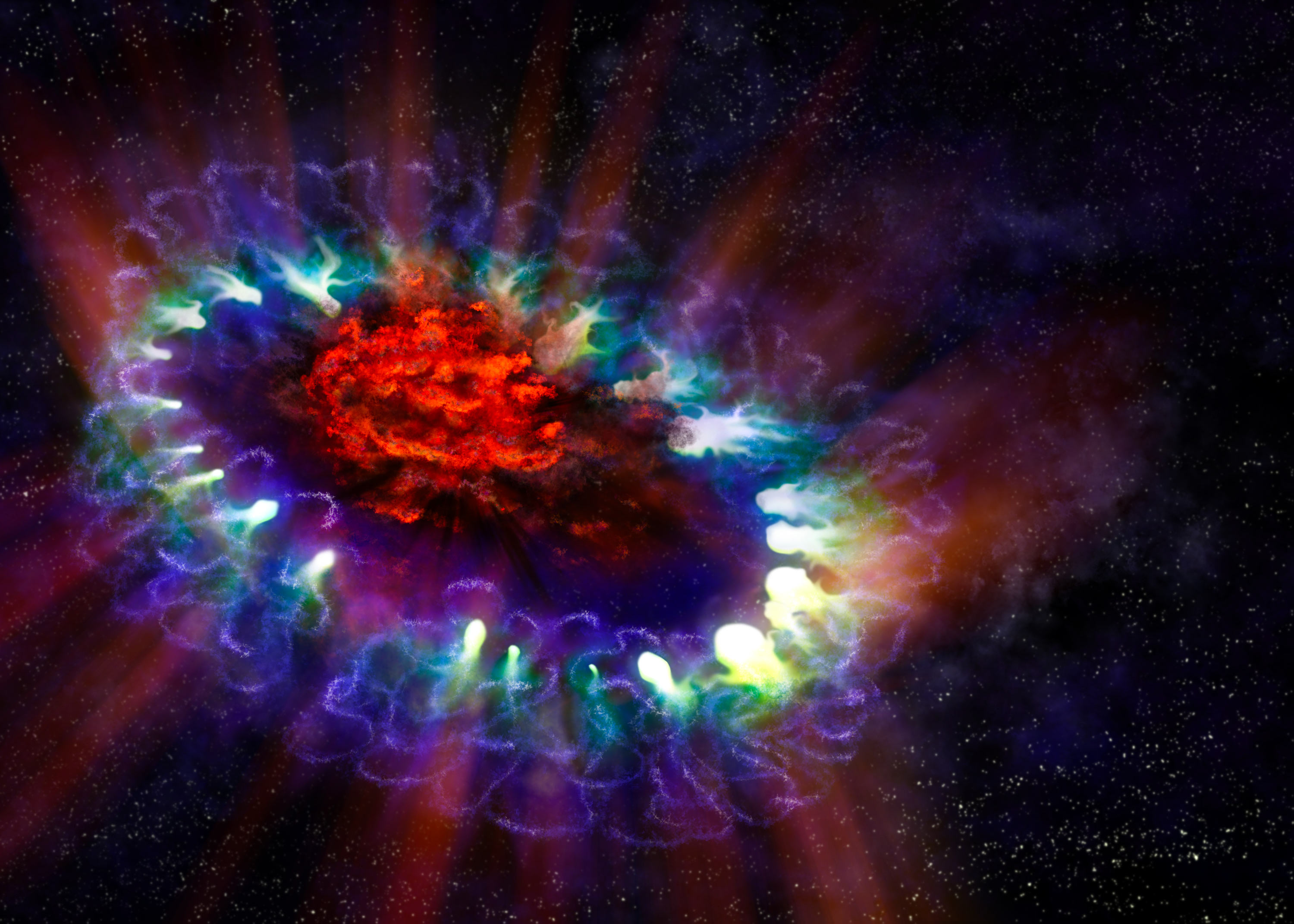 This artist's illustration of SN 1987A reveals the cold inner regions of the exploded star's remnants (red), where tremendous amounts of dust were detected and imaged by ALMA. This inner region differs from the outer shell (blue), where the energy from the supernova is colliding (green) with the envelope of gas ejected from the star before its detonation.